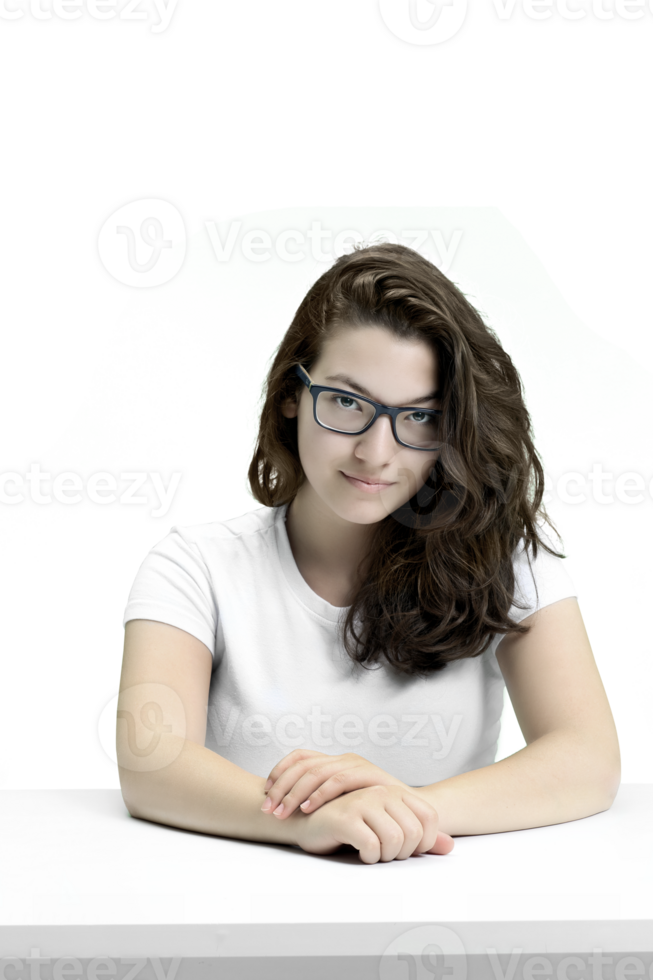 young and friendly teacher at her desk in front of the class on neutral background png