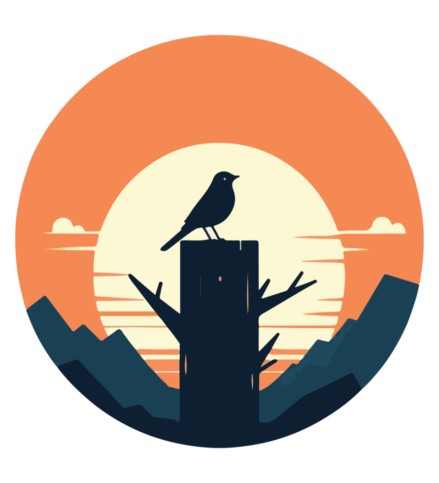 Solitary Silhouette Bird on a Stump at Sunset png