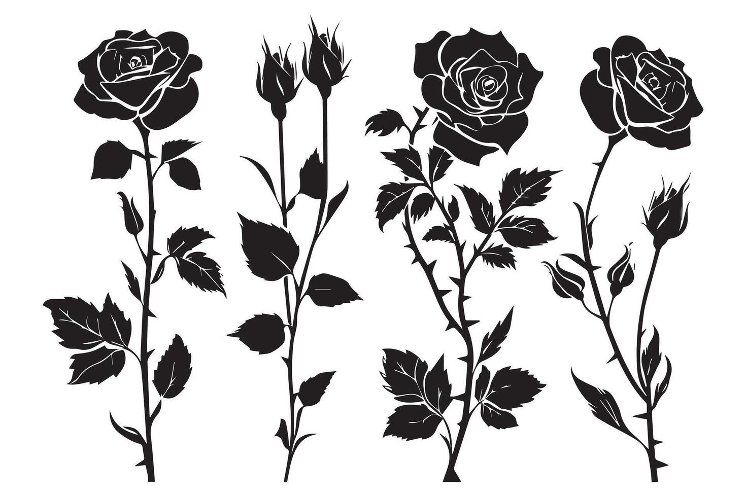 Set of three black silhouettes of rose flowers isolated on a white background. Minimalist hand drawn sketch. stock illustration vector