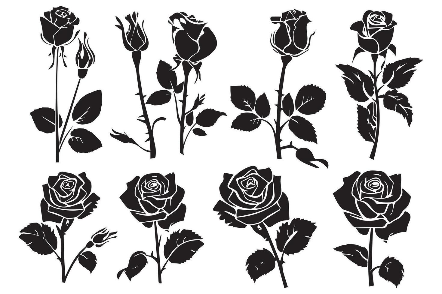 Set of black silhouettes of decorative fresh blossoming rose with steam and leaves. Hand drawn outline flower icon monochrome illustrations isolated on white background vector