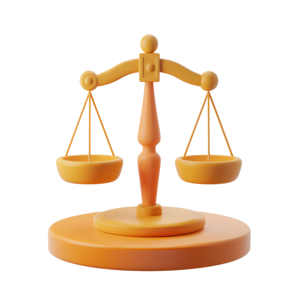 Balance de justice. équilibre et justice, icône 3d rendre, isolé sur transparent Contexte png