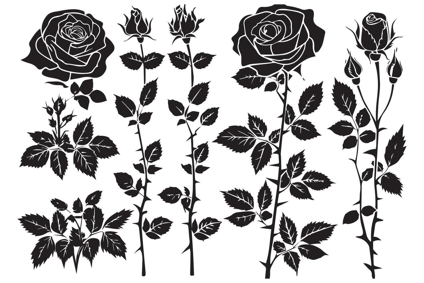Rose silhouettes Black buds and stems of roses stencils isolated on white background vector