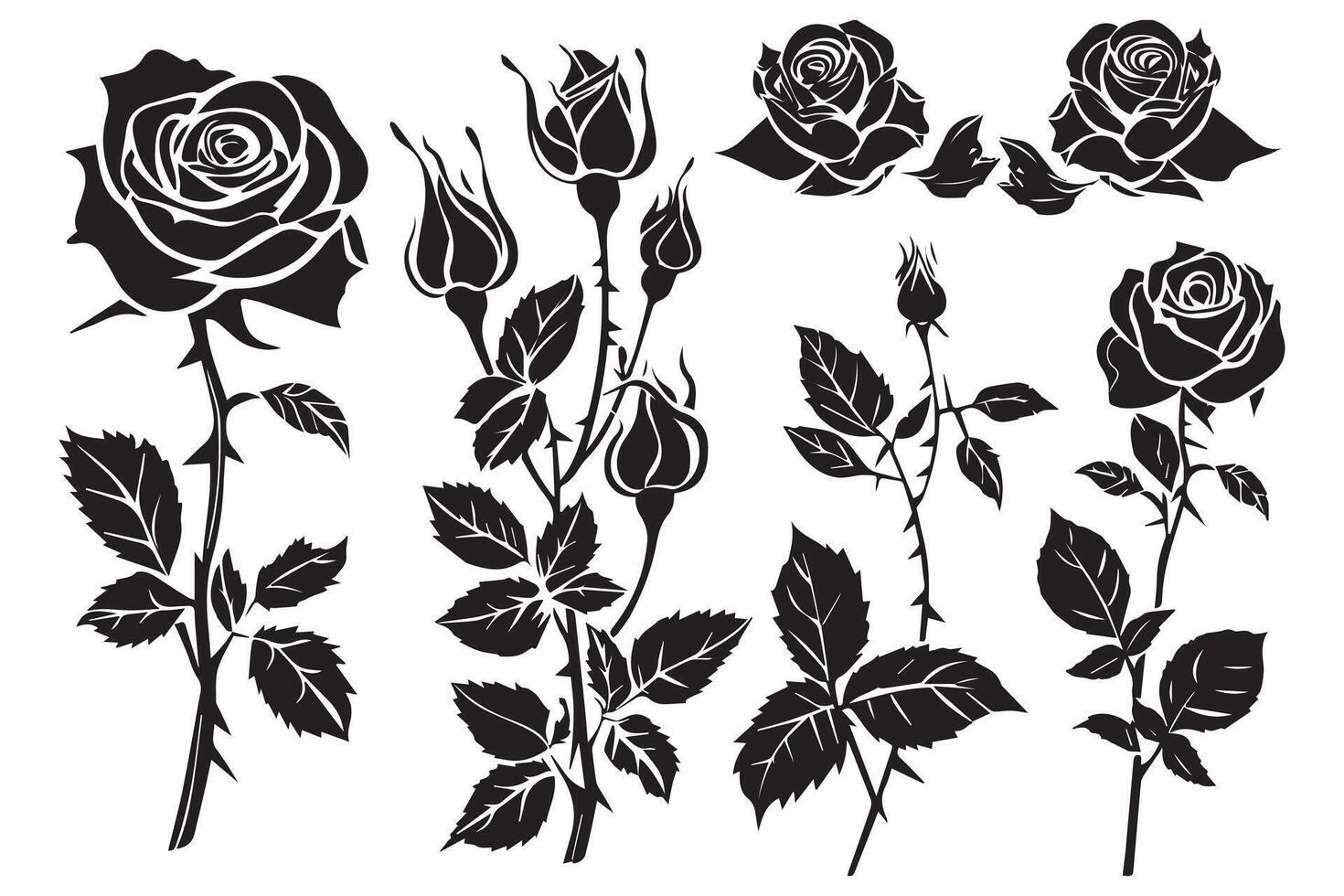 Set of three black silhouettes of rose flowers isolated on a white background. Minimalist hand drawn sketch. stock illustration vector