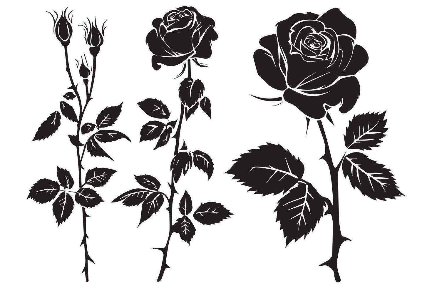 Set of three black silhouettes of rose flowers isolated on a white background. Minimalist hand drawn sketch. stock illustration vector