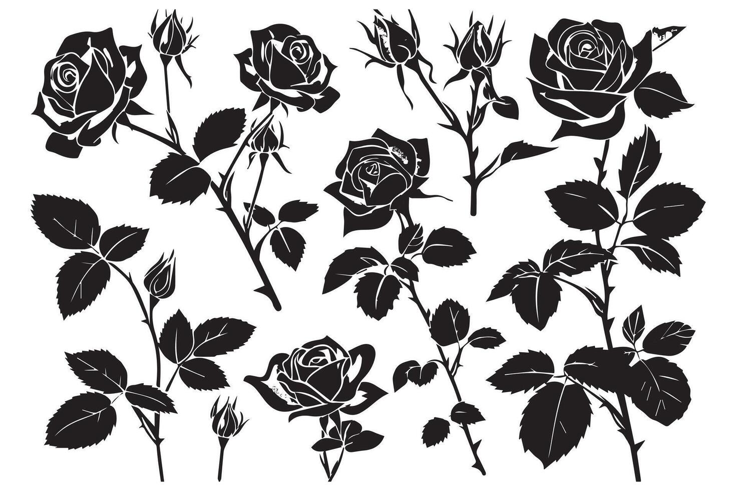 Rose silhouettes Black buds and stems of roses stencils isolated on white background vector