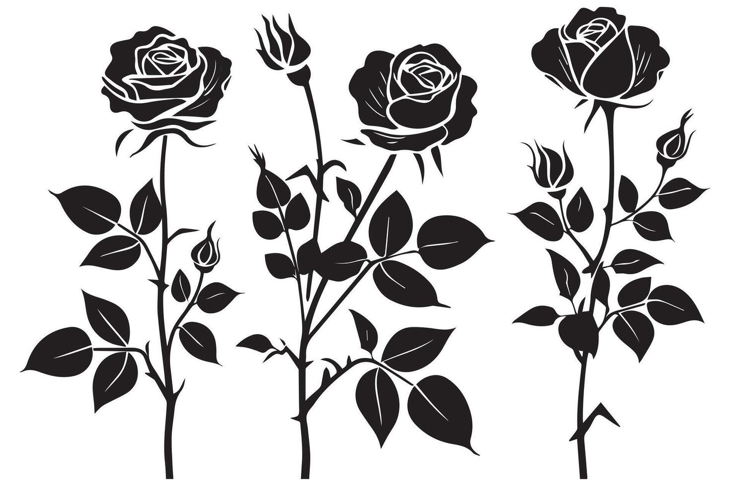 Beautiful rose flowers silhouette set isolated on white background vector