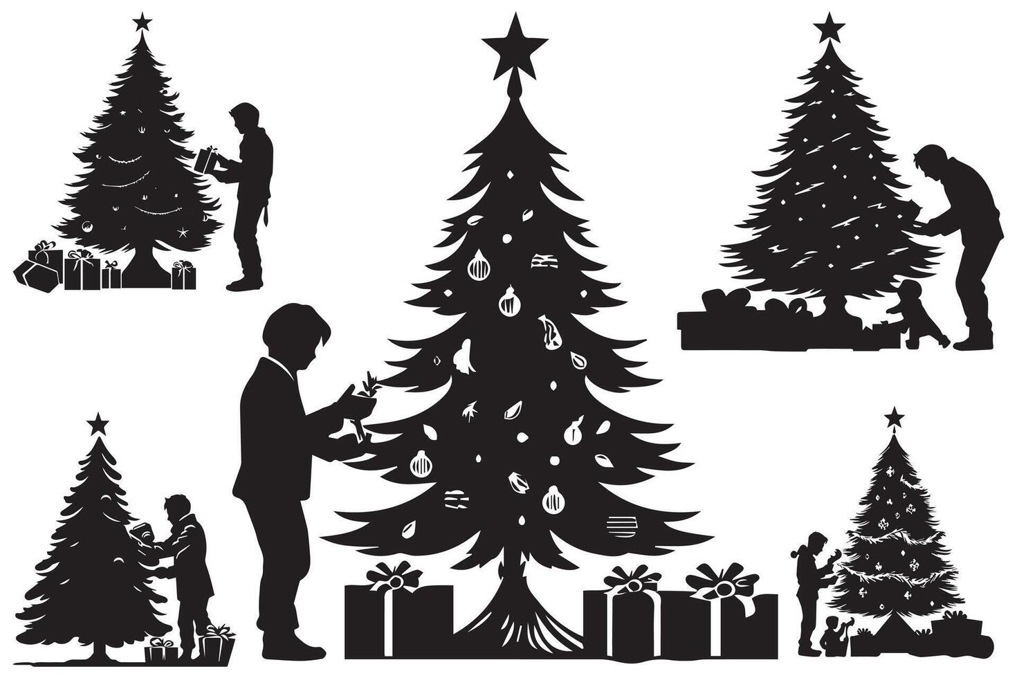 set of new year, christmas trees with gifts silhouette design isolated vector