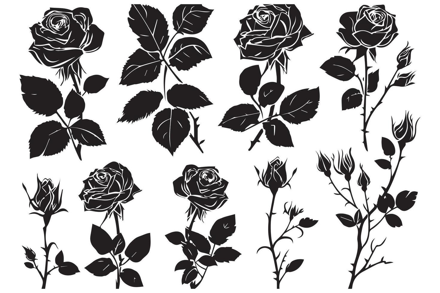 conjunto de negro siluetas de decorativo Fresco cierne Rosa con vapor y hojas. mano dibujado contorno flor icono monocromo ilustraciones aislado en blanco antecedentes vector