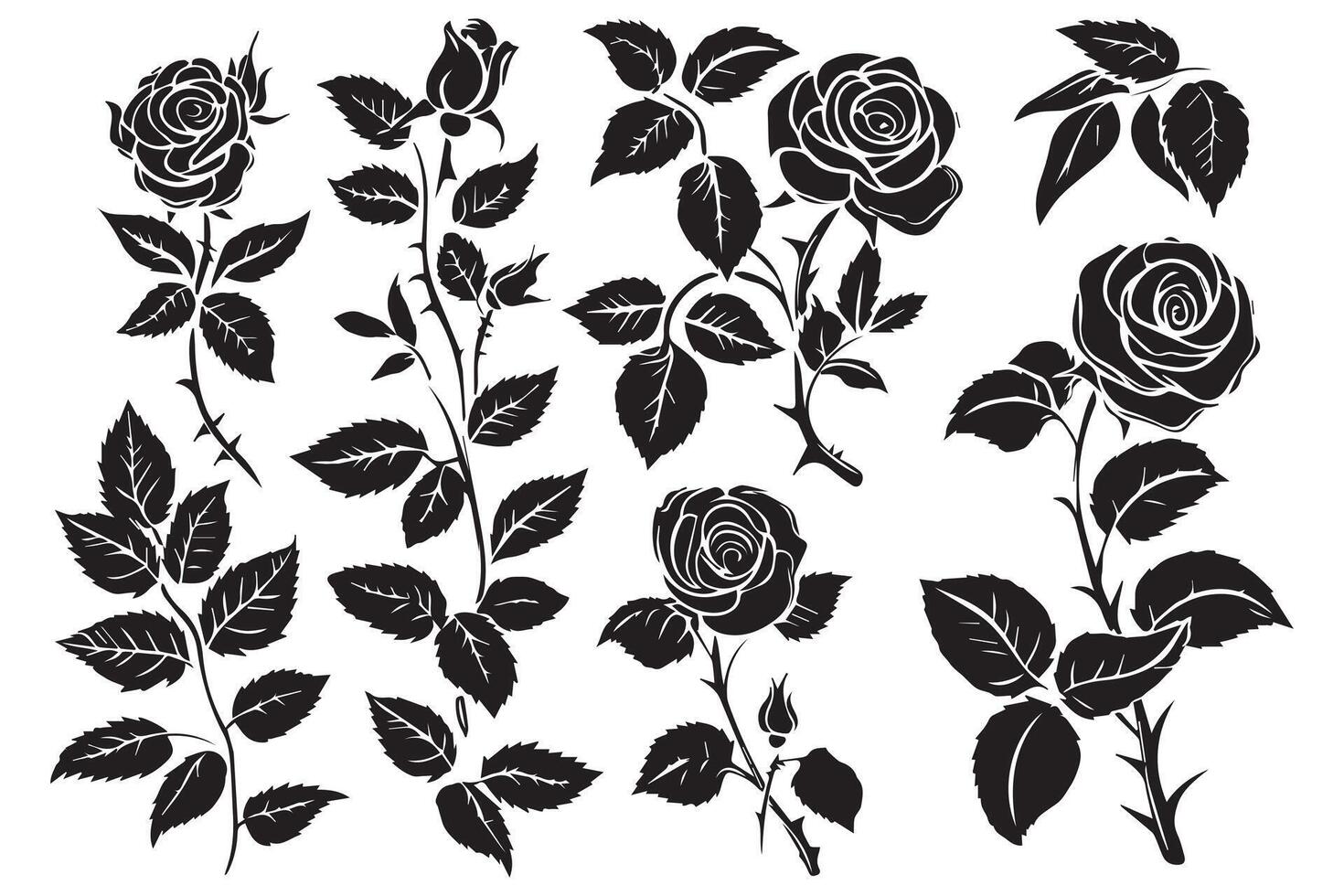 black slhoutte Set of rose with leaves Flower black silhoutte white background vector