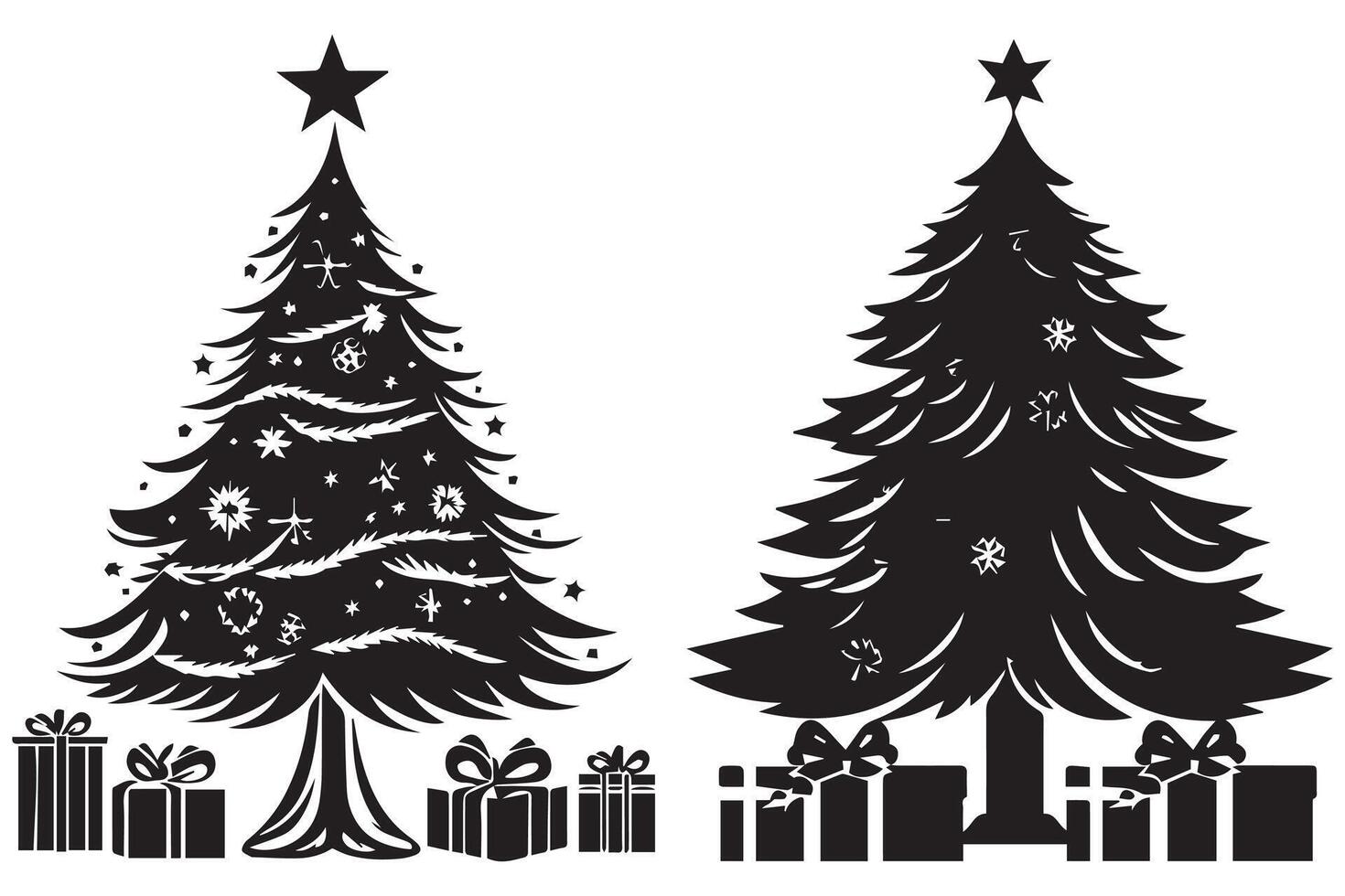 Set silhouette christmas trees with gifts design isolated vector