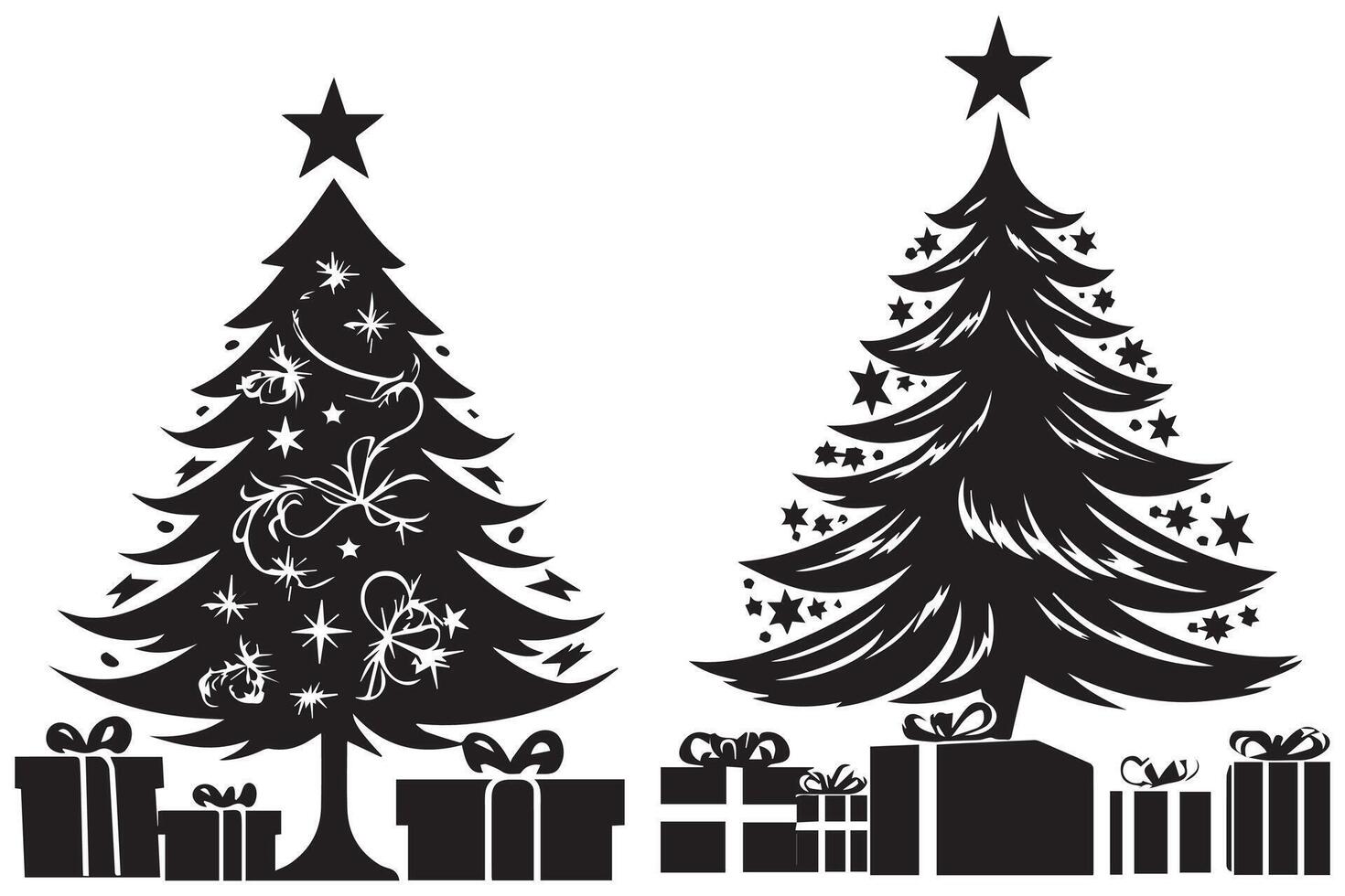 Set silhouette christmas trees with gifts design isolated vector