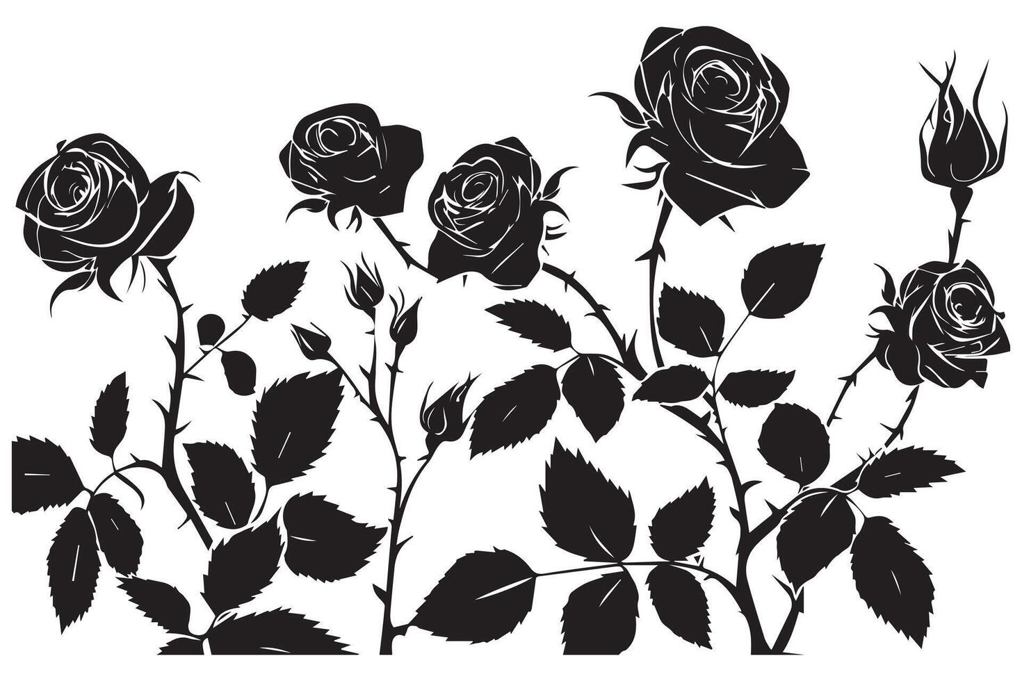 Beautiful rose flowers silhouette set isolated on white background vector