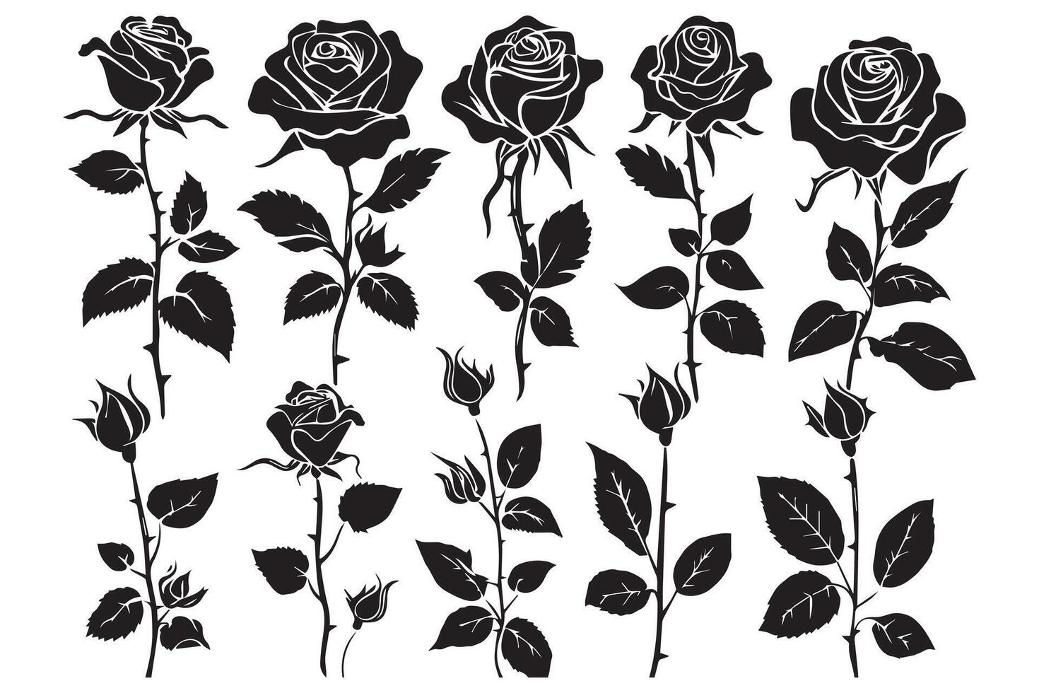 Beautiful rose flowers silhouette set isolated on white background vector