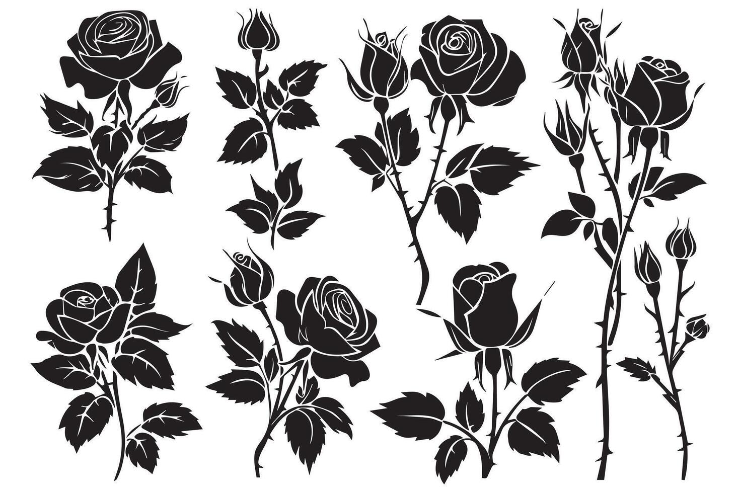 Rose silhouettes Black buds and stems of roses stencils isolated on white background vector