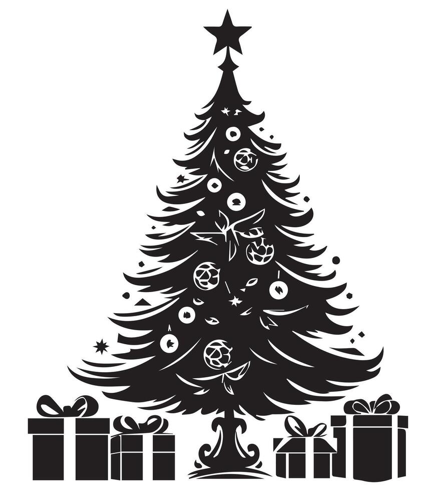 Set silhouette christmas trees with gifts design isolated vector