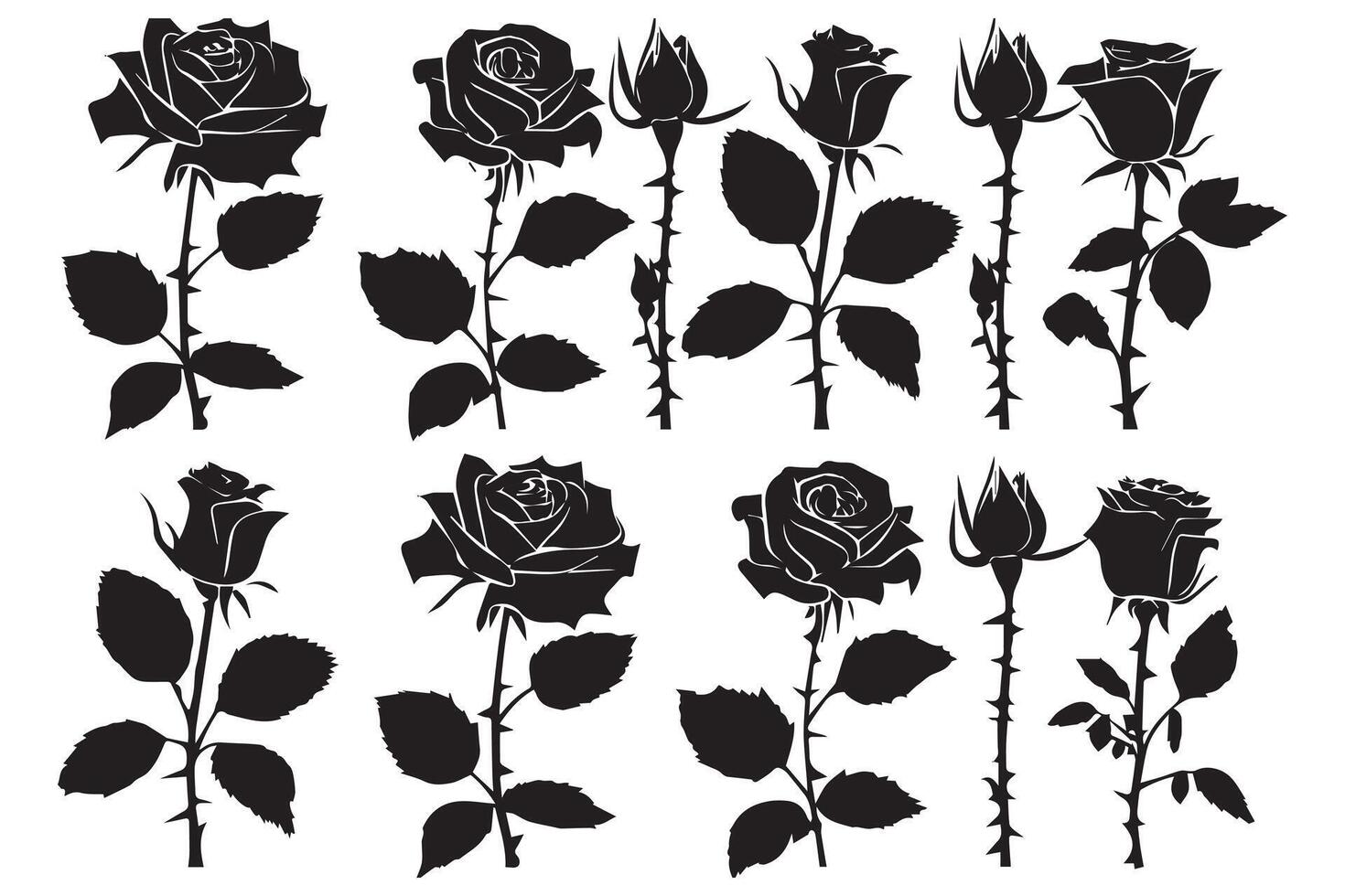 black slhoutte Set of rose with leaves Flower black silhoutte white background vector