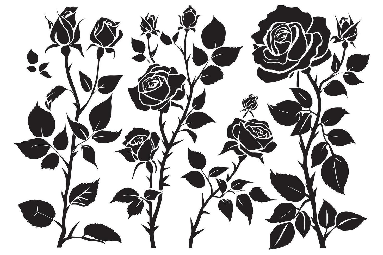 black slhoutte Set of rose with leaves Flower black silhoutte white background vector