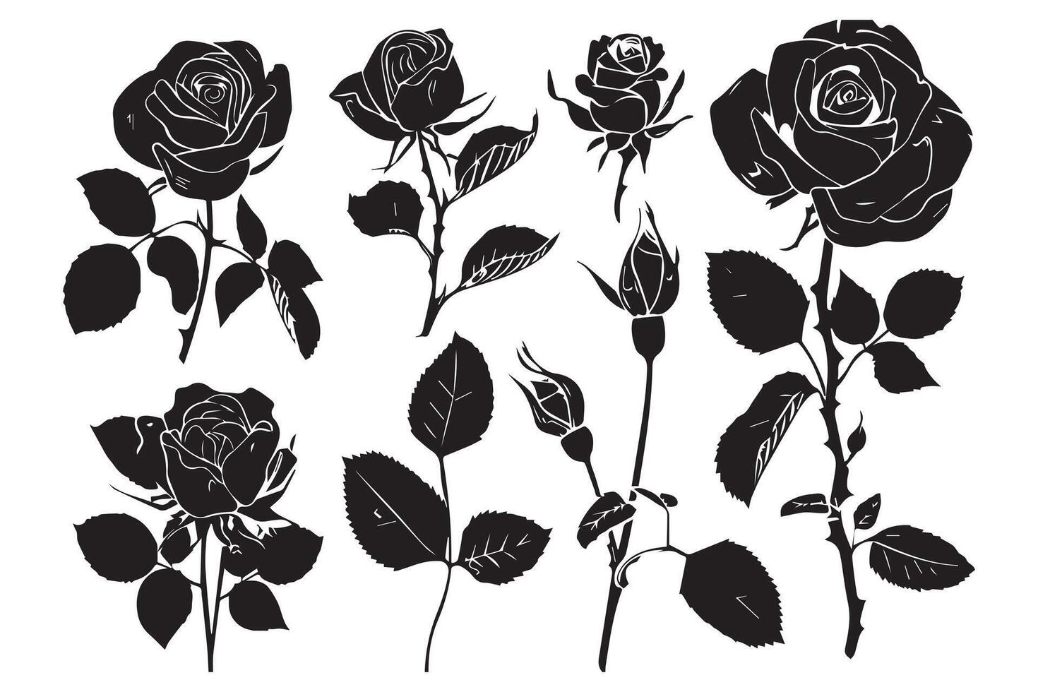 negro silueta conjunto de Rosa con hojas flor negro silhoutte blanco antecedentes vector