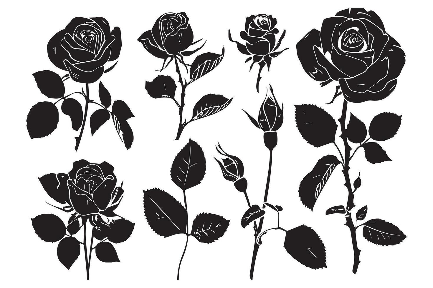 black slhoutte Set of rose with leaves Flower black silhoutte white background vector