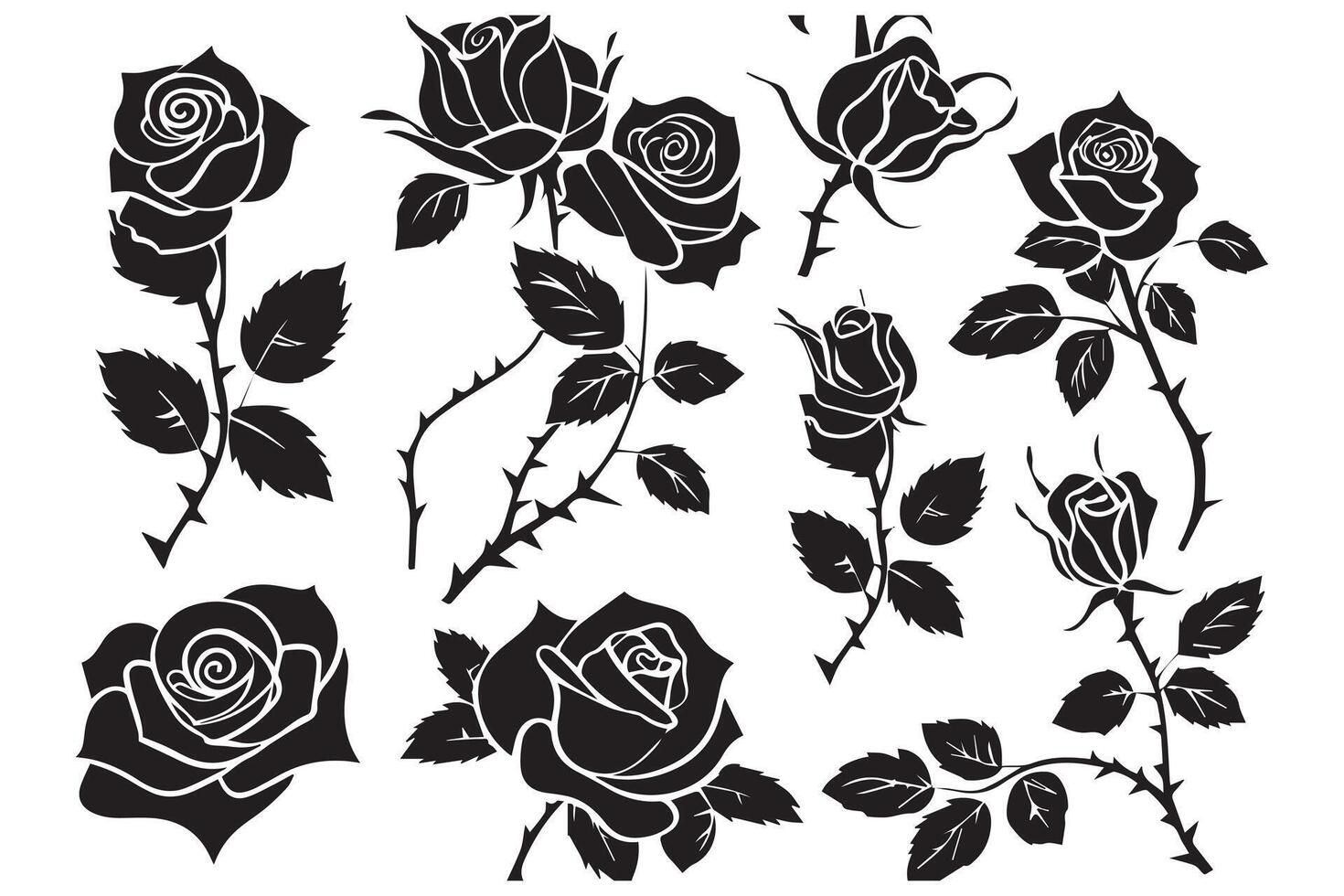 Beautiful rose flowers silhouette set isolated on white background vector
