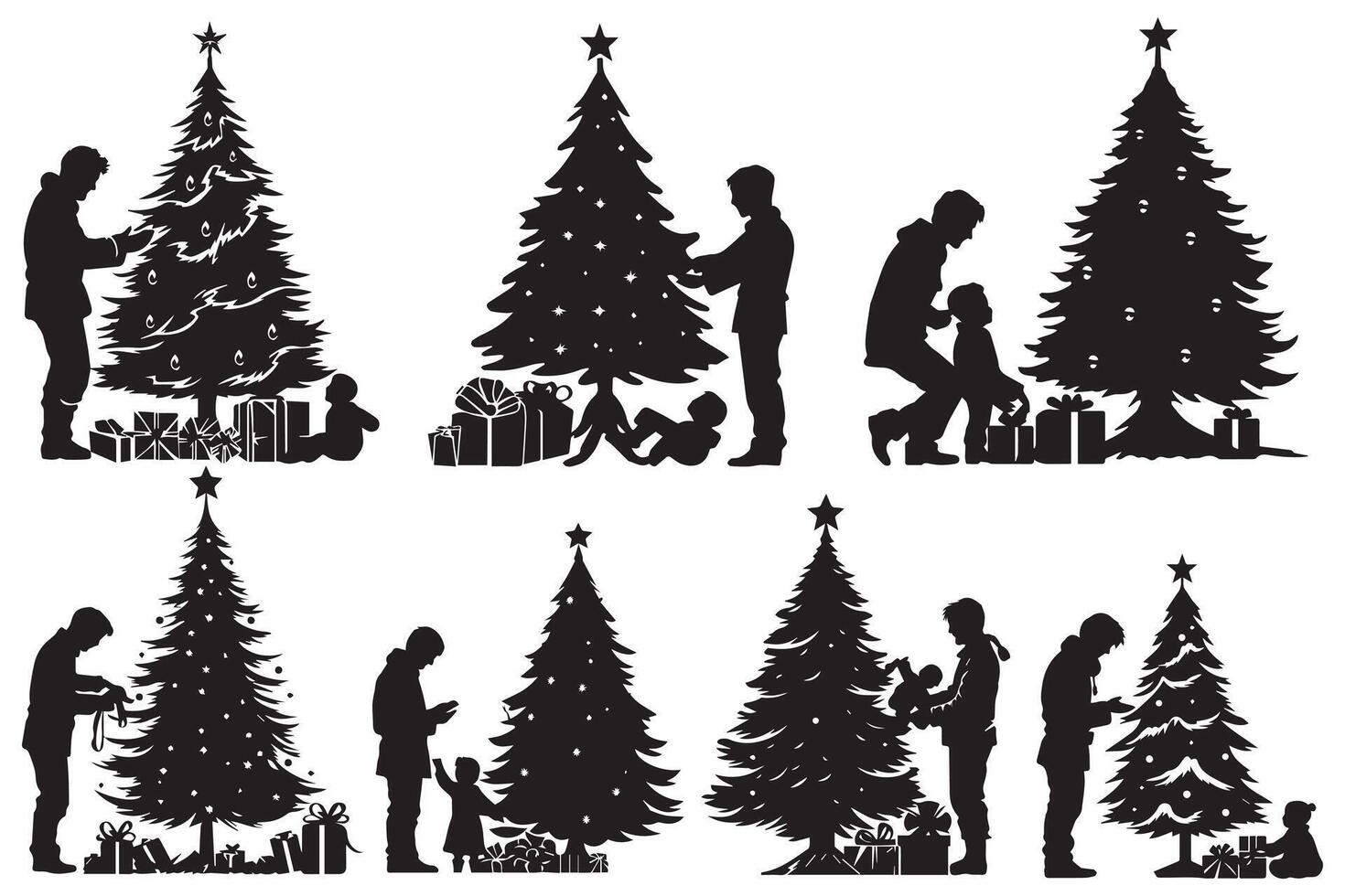 set of new year, christmas trees with gifts silhouette design isolated vector