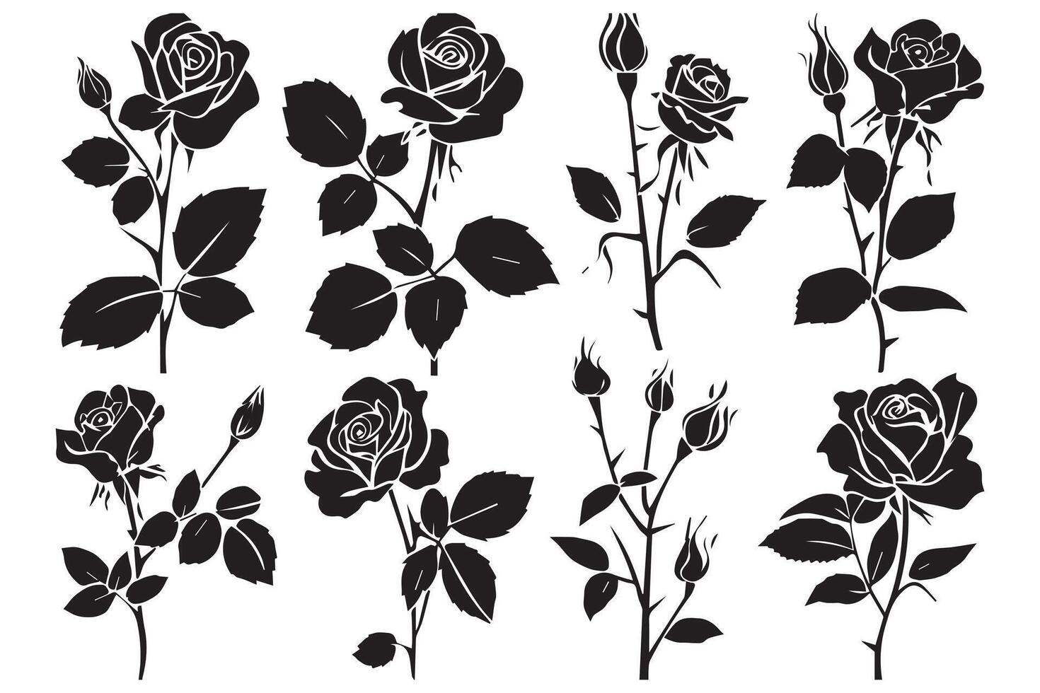 black slhoutte Set of rose with leaves Flower black silhoutte white background vector