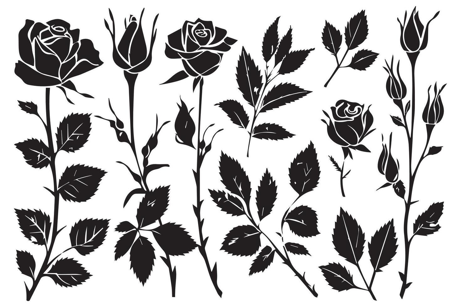 Beautiful rose flowers silhouette set isolated on white background vector