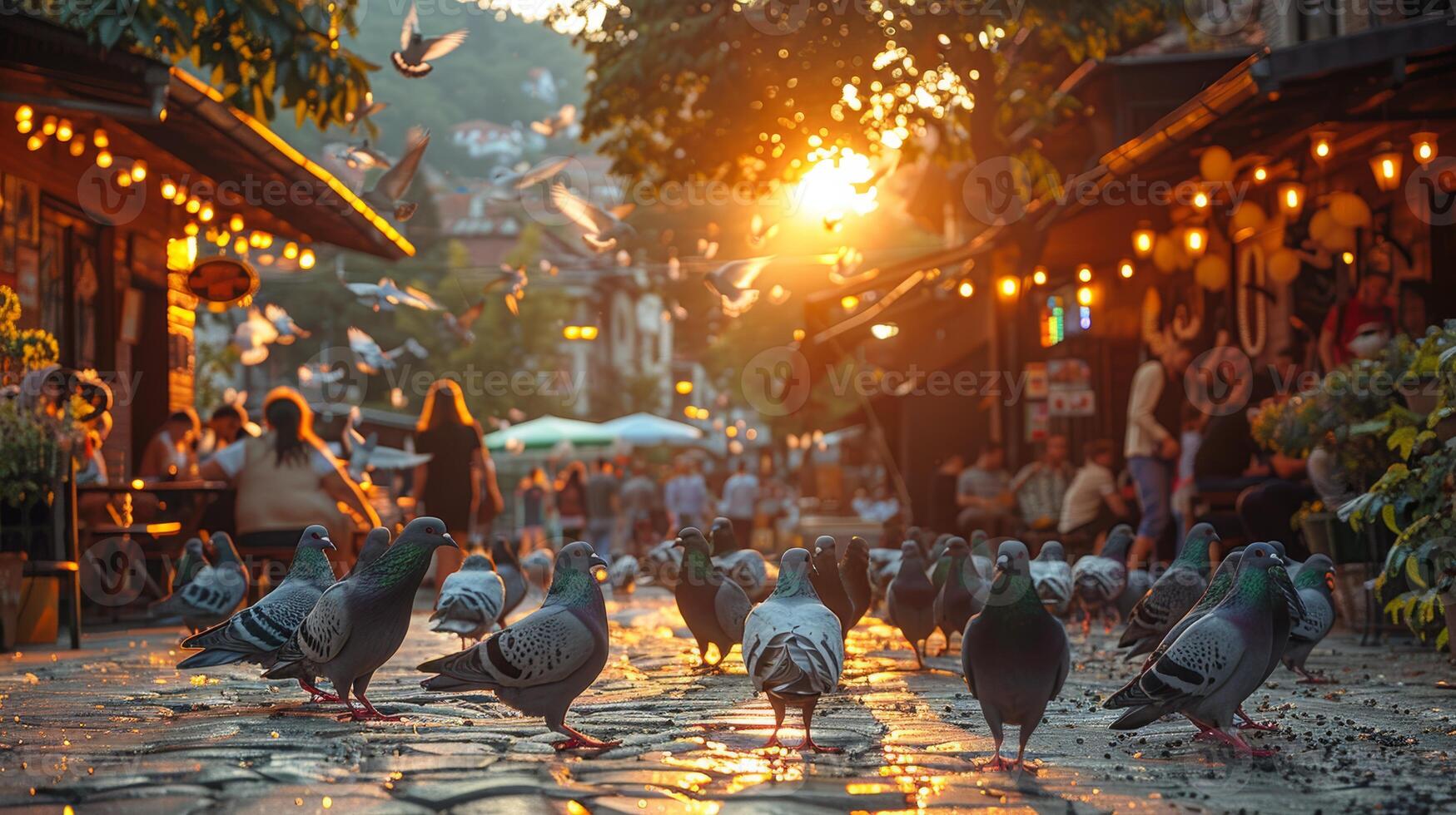 Sunset and Pigeons in a Bustling Sarajevo Square photo