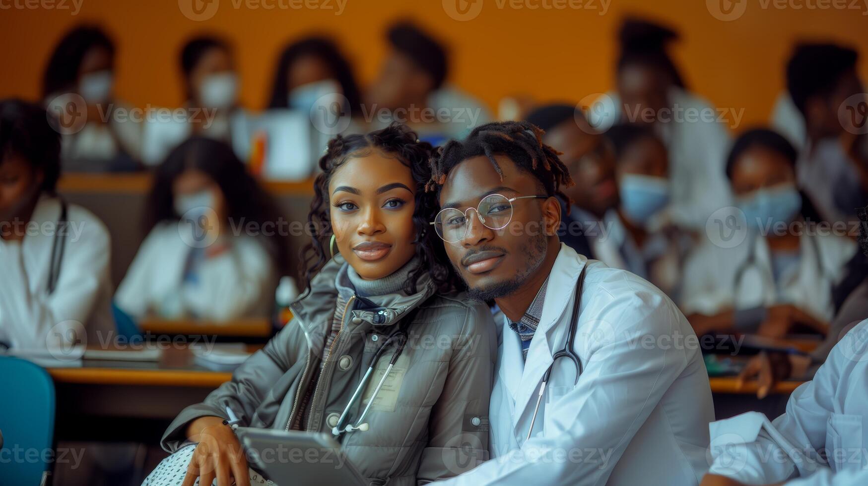 Pareja de médico estudiantes juntos en un salón de clases ajuste foto