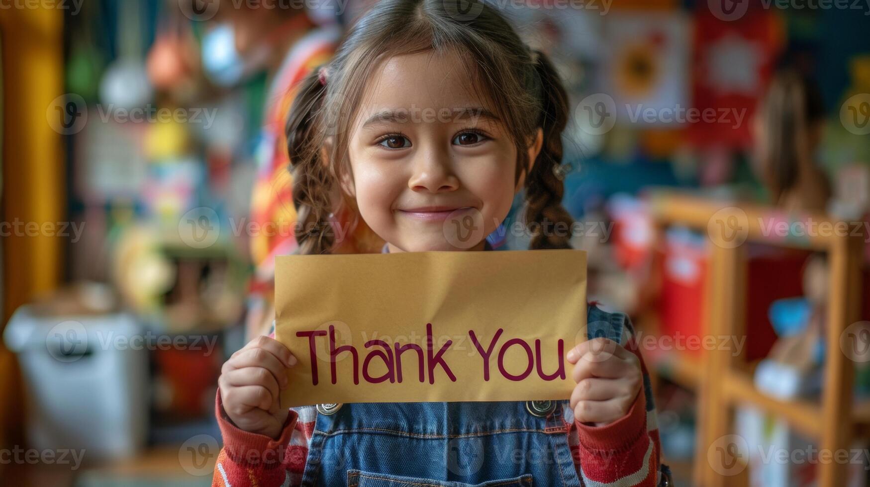 Child Holding Thank You Sign in Casual Setting photo