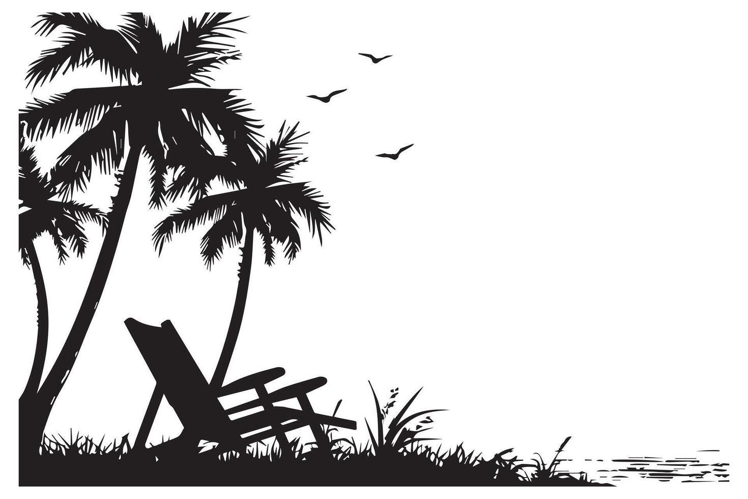 summer Scene With A Beach Chair With small Palm Trees, and sunbird Beach Time, Summer Vacation black silhouette white background vector