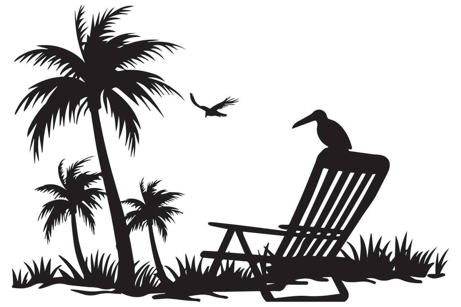 summer Scene With A Beach Chair With small Palm Trees, and sunbird Beach Time, Summer Vacation black silhouette white background vector