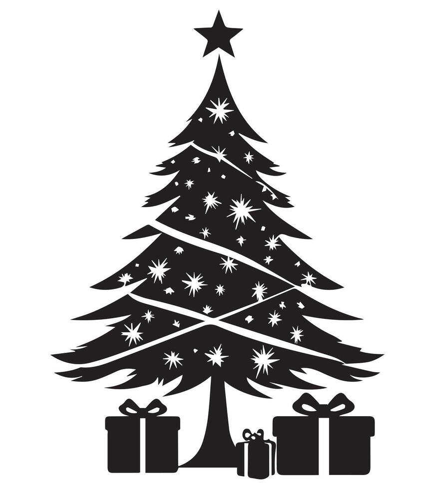 Set silhouette christmas trees with gifts design isolated vector