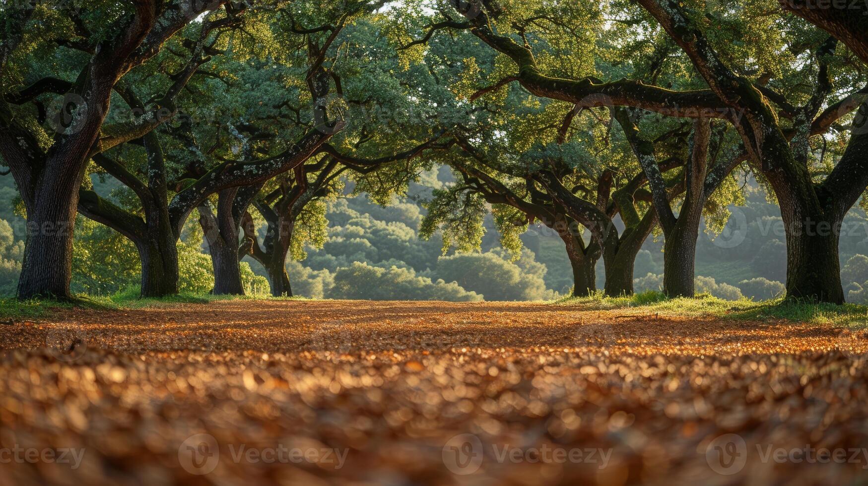 Sunlit Cork Oak Trees on a Serene Forest Path photo