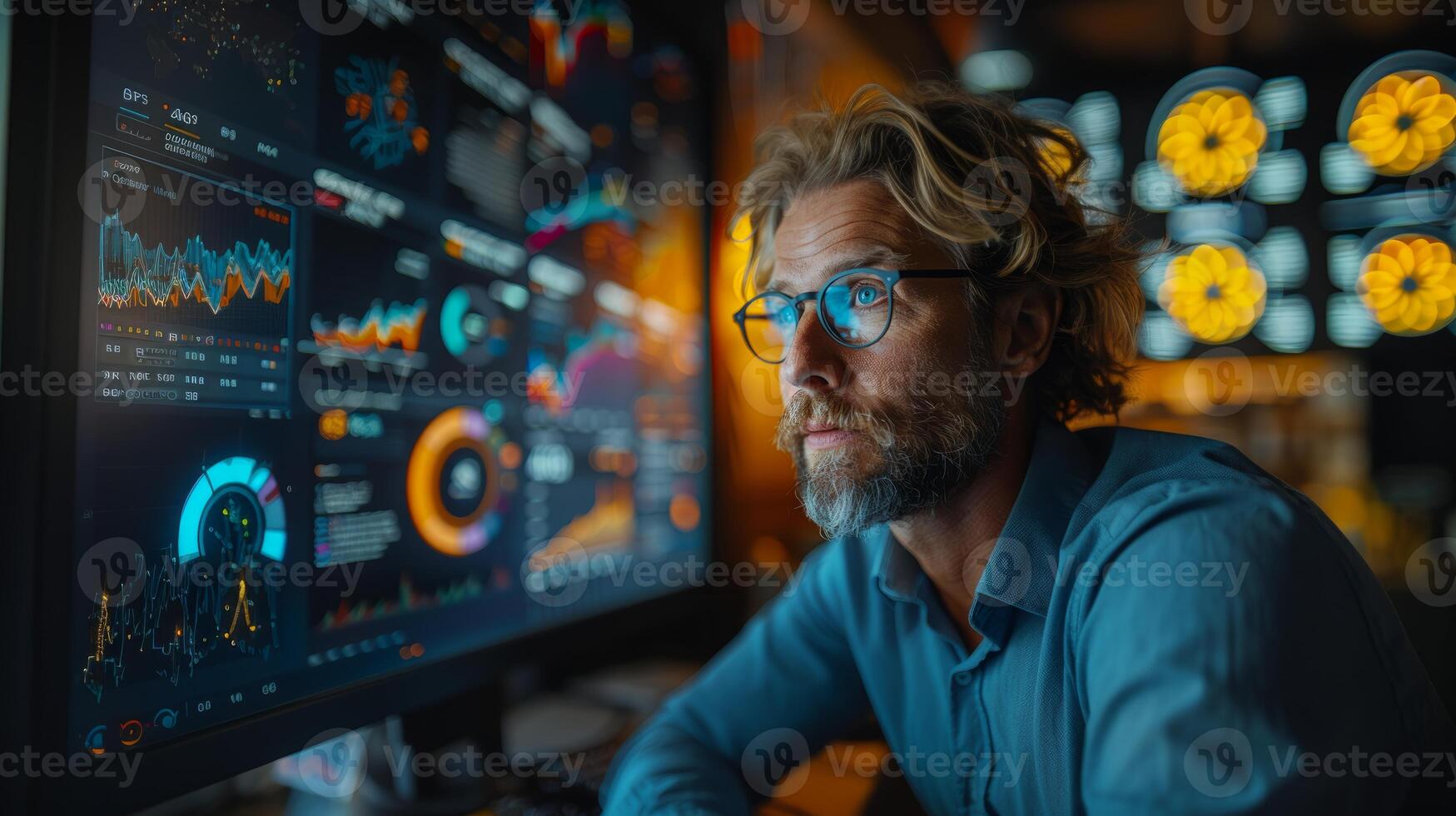 Focused Professional Analyzing Data on Multiple Screens photo
