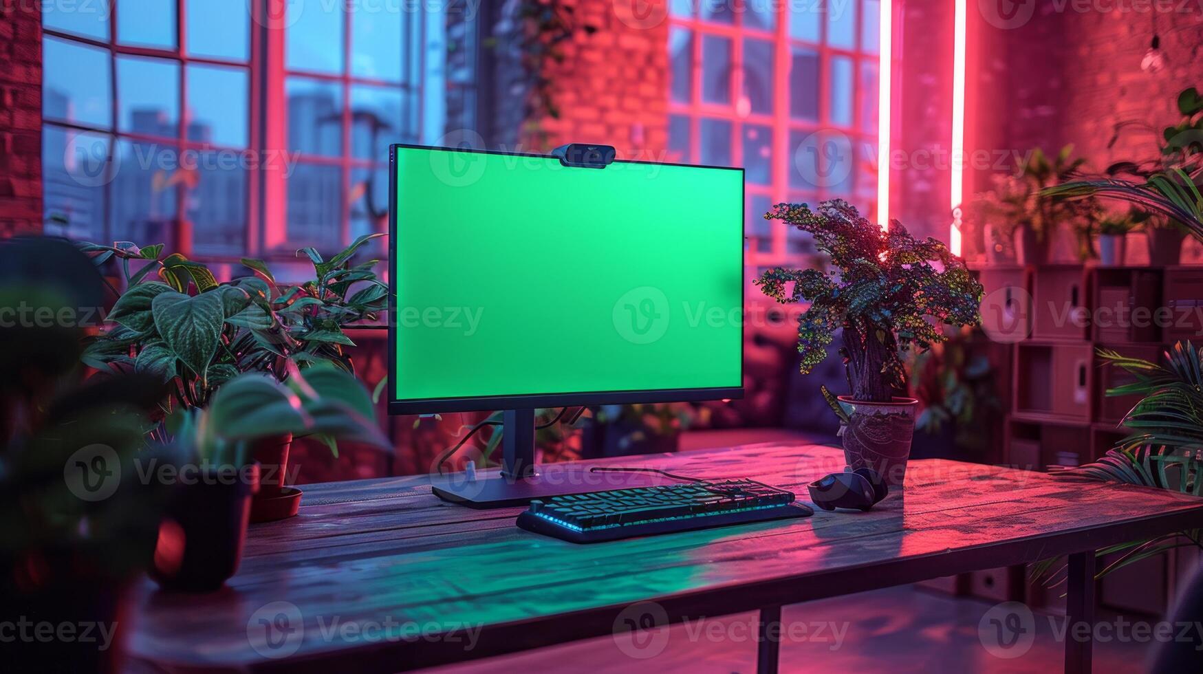 Modern Home Office with Green Screen Desktop Setup photo