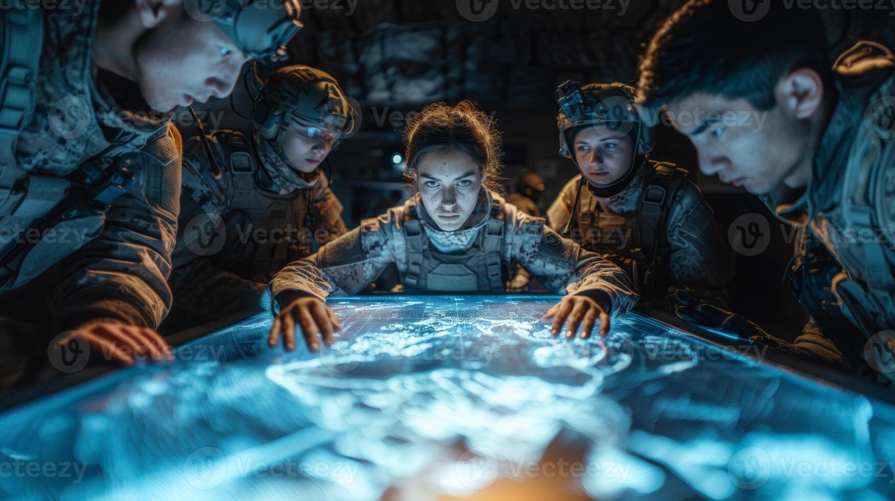 Military Team Analyzing High-Tech Battle Map in Dim Light photo