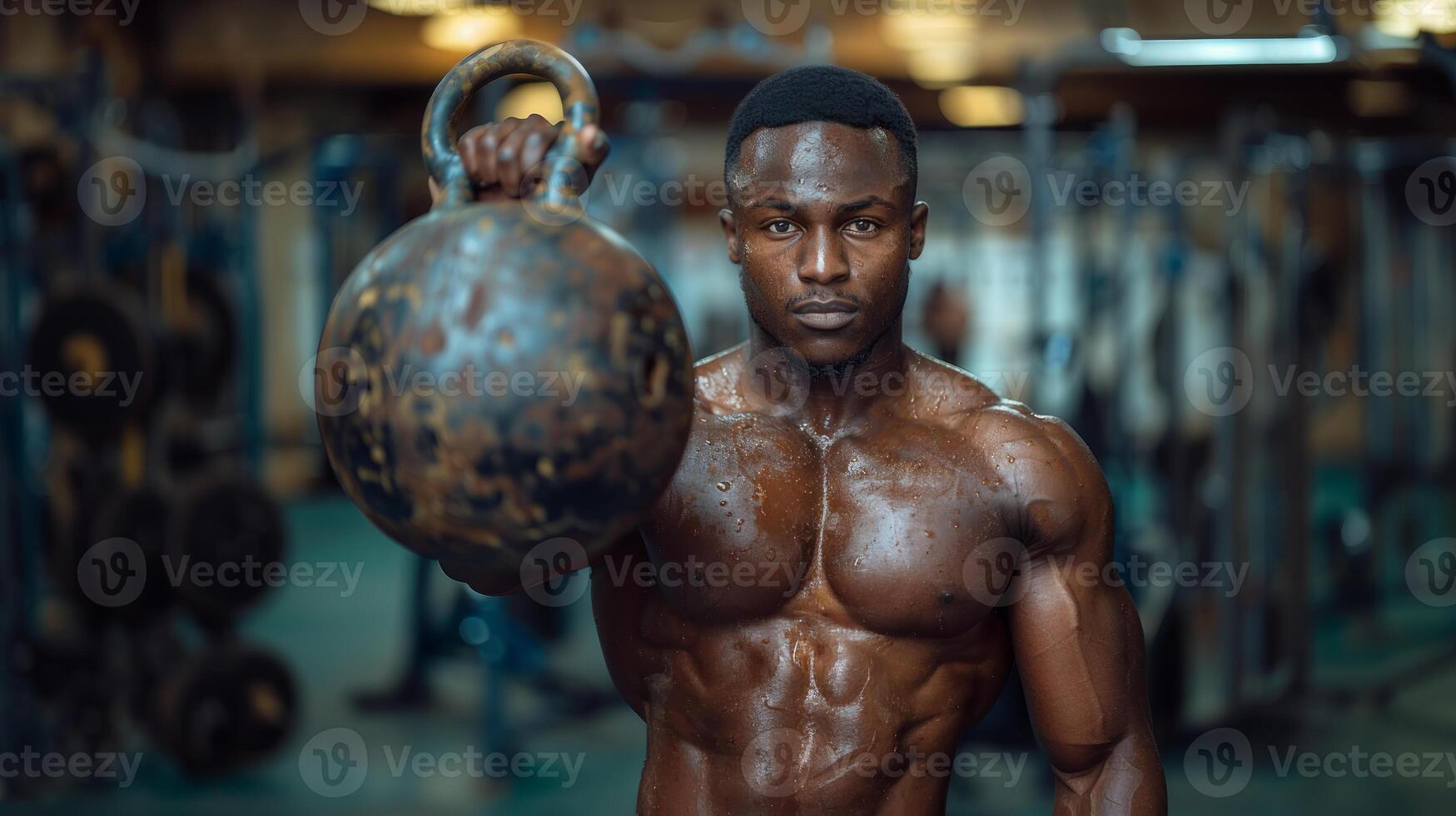 Muscular Man Training With Kettlebell In Home Gym photo
