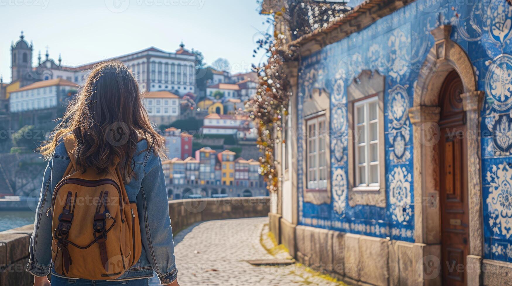 Young Woman Tourist Exploring Portuguese Town Near Tiled Church photo