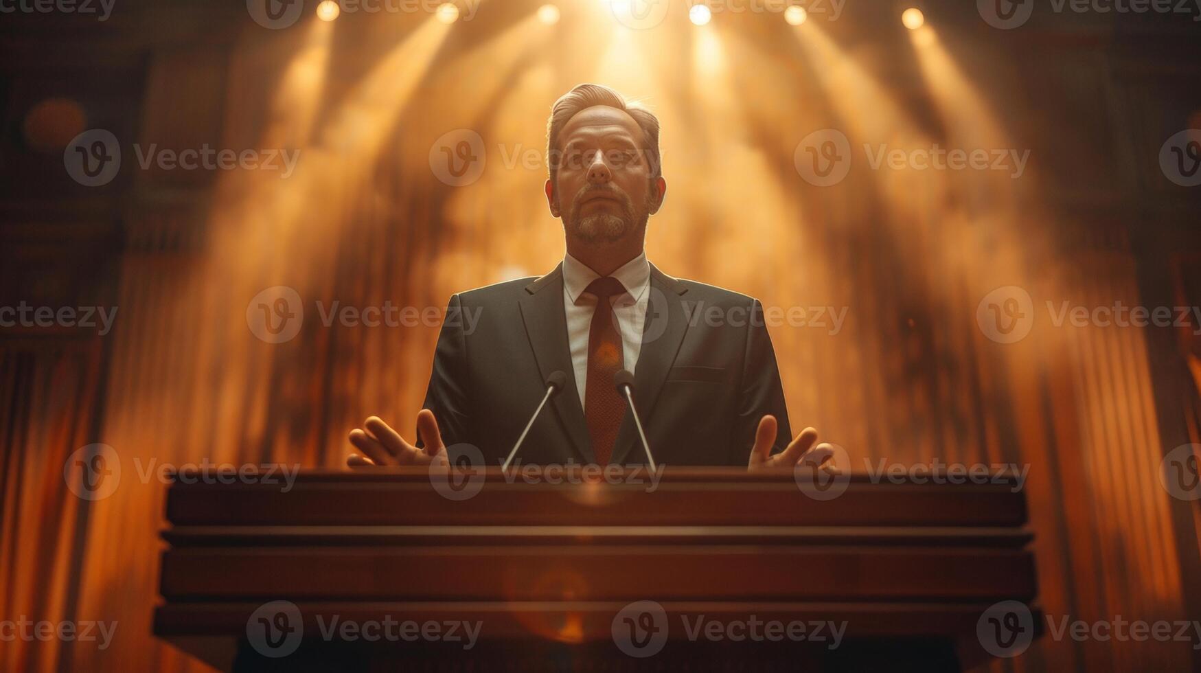 Well-Dressed Man Delivering Speech at Podium in Auditorium photo