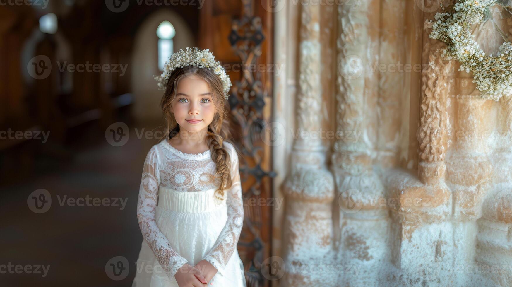 Serene Little Girl in White Lace Dress with Flower Crown photo