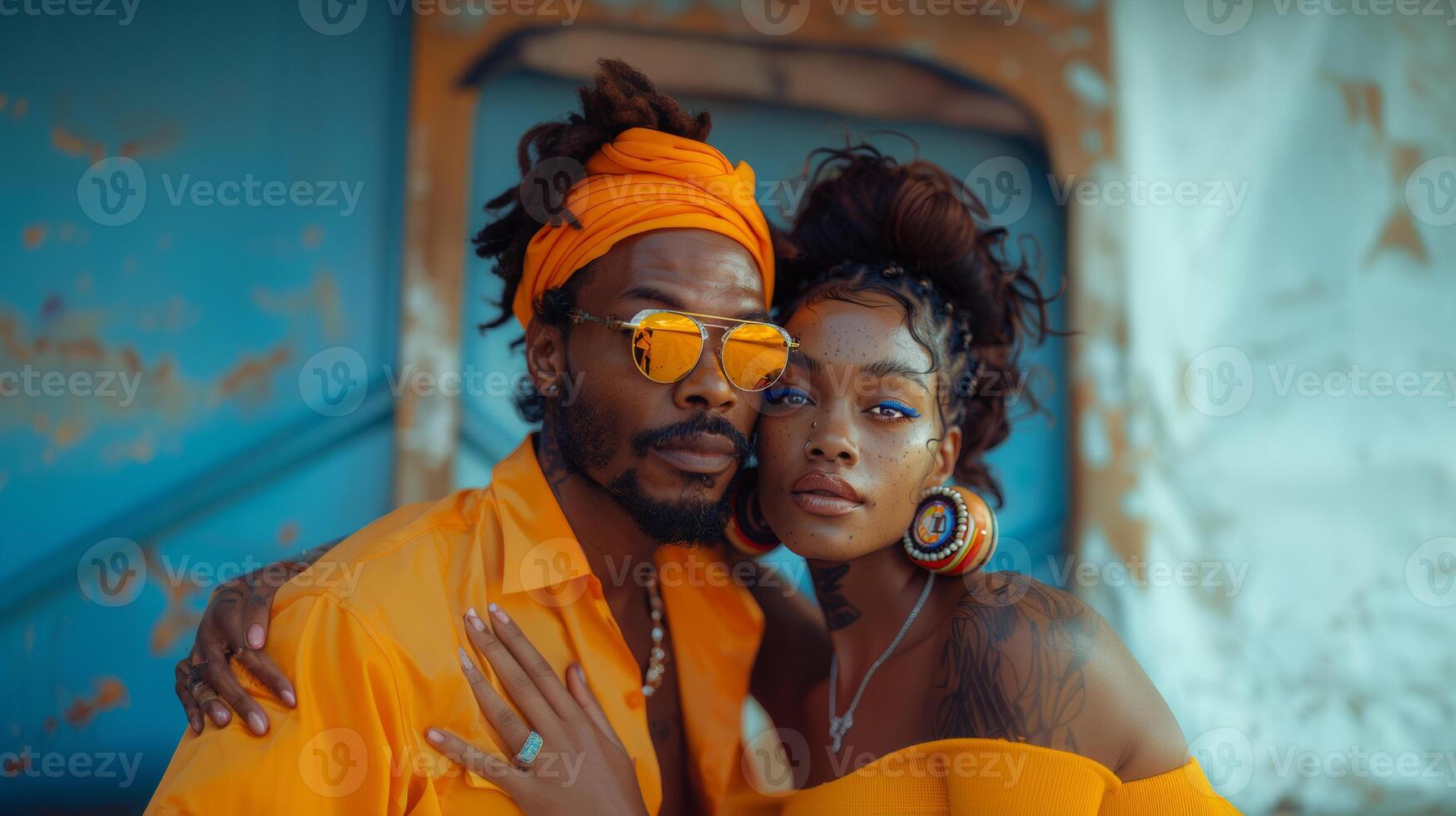 Stylish Afroamerican Couple in Hip-Hop Fashion Posing photo