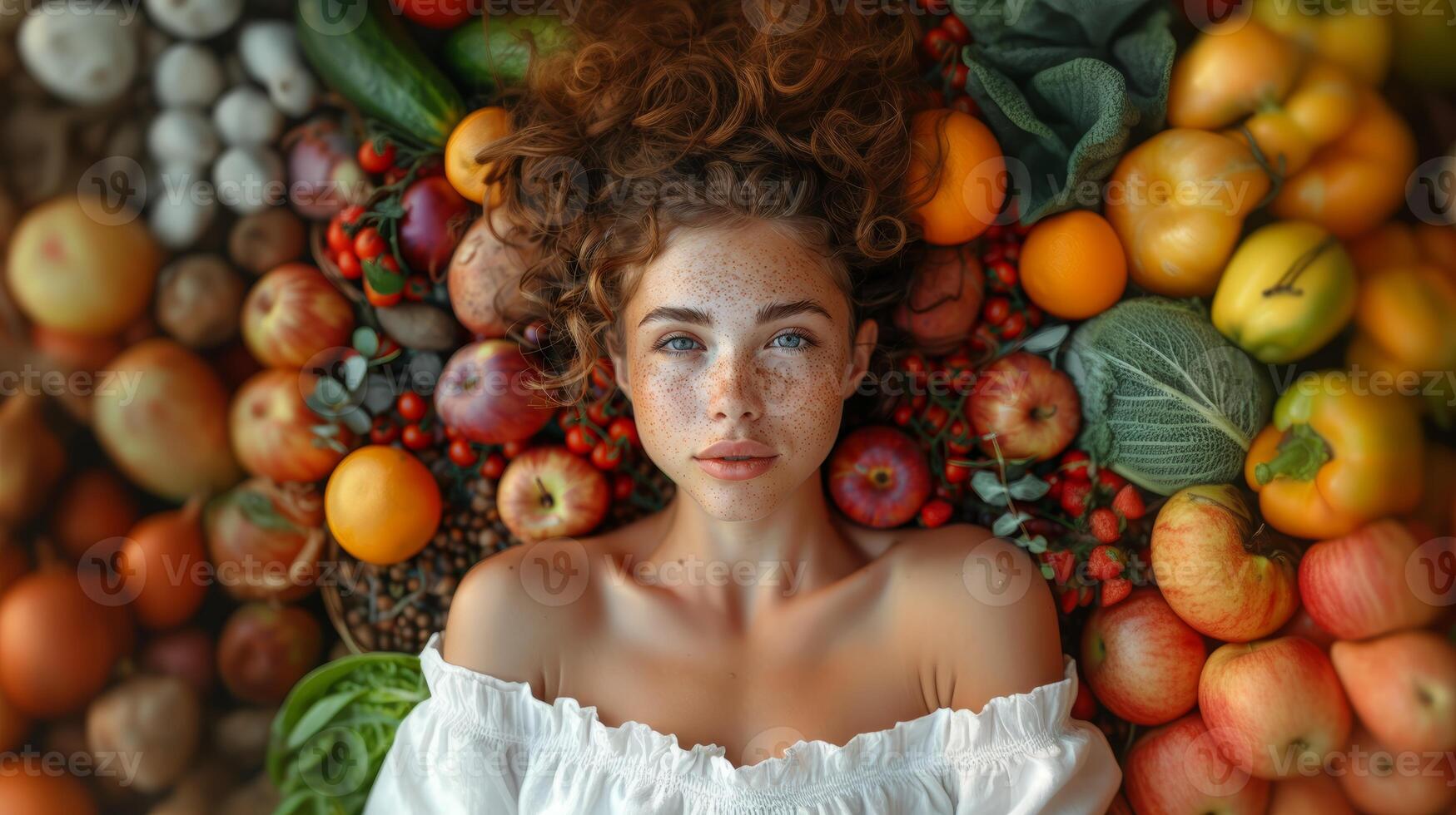 hermosa mujer rodeado por Fresco vistoso frutas y vegetales foto