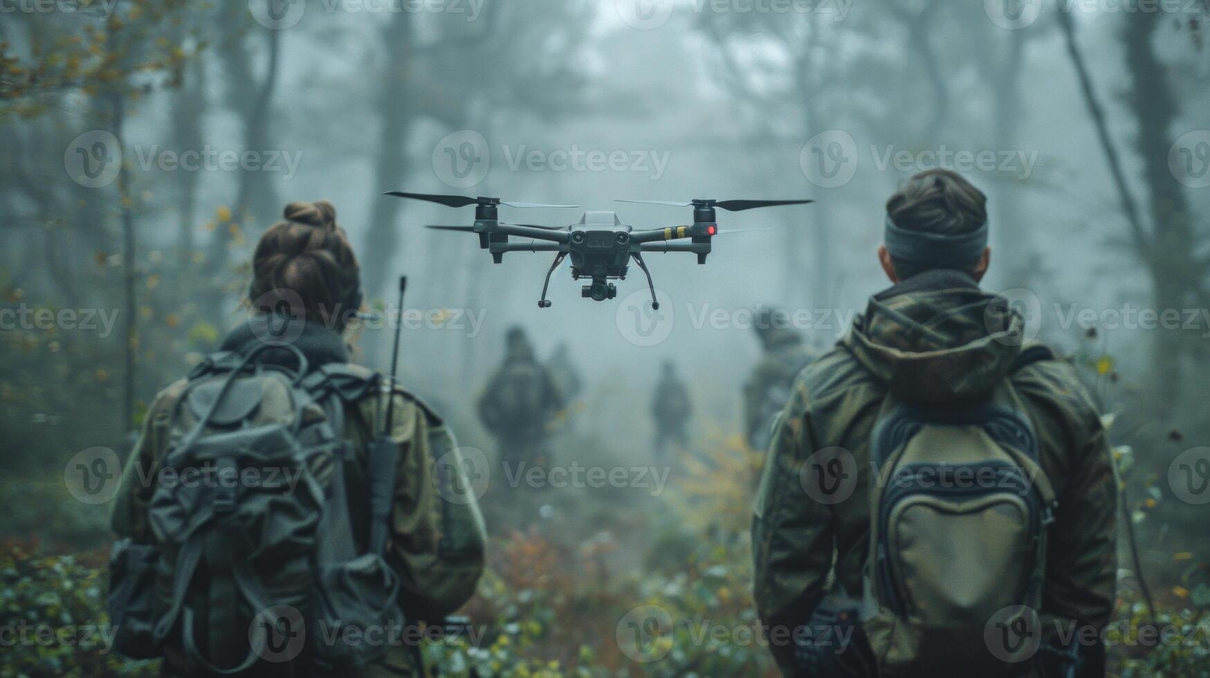 Army Engineers Operating Drone in Foggy Forest Base photo