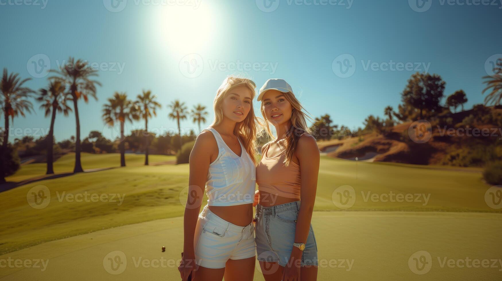 dos hembra amigos disfrutando verano día a golf curso foto