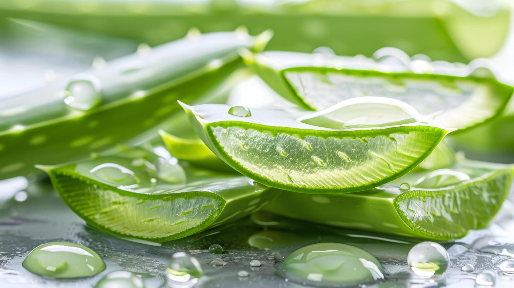 Close up of fresh aloe vera leaves with droplets vibrant green leaves glistening with moisture photo