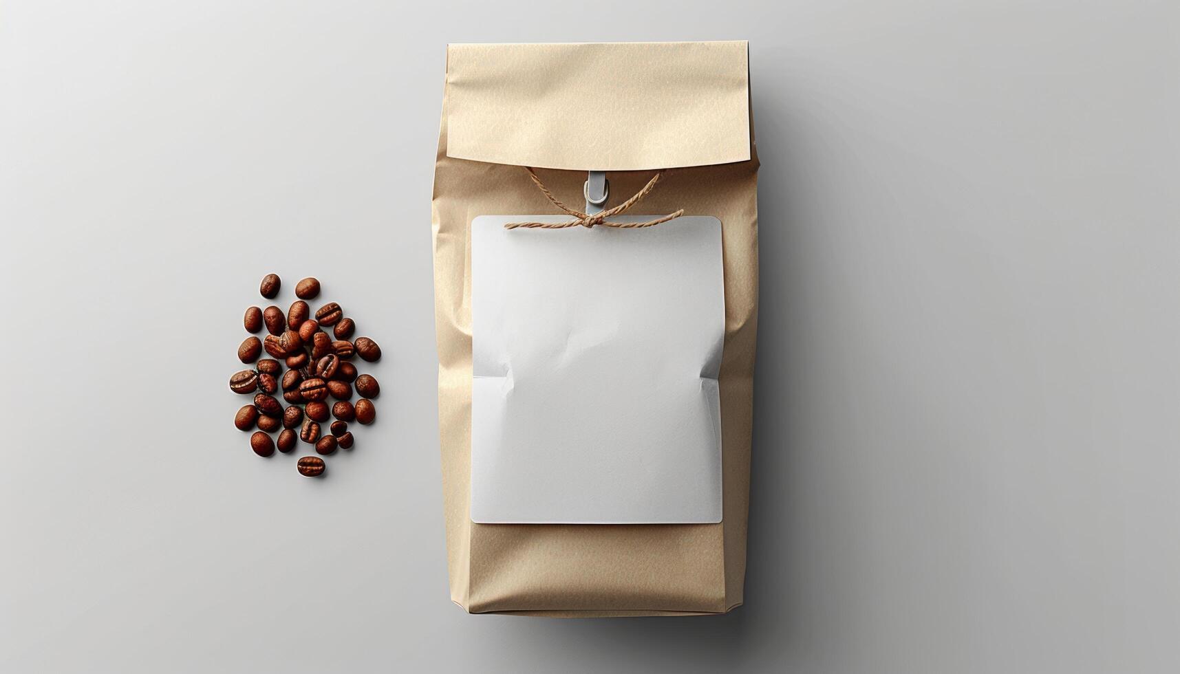 lujoso café marca elegante papel bolso Bosquejo con marrón embalaje y etiqueta, oscuro café frijoles foto