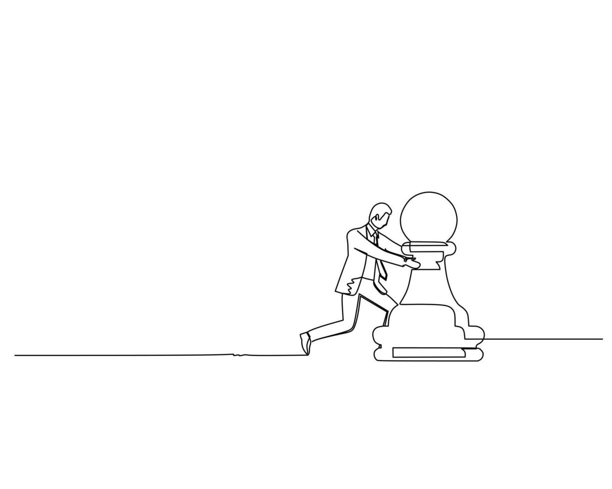 Continuous single one line a businessman puts down chess pawn. Business growth strategy concept. Design illustration vector