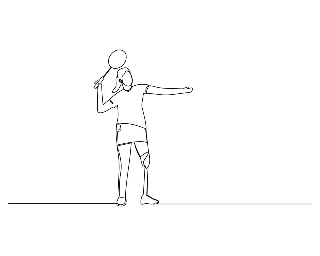 Single continuous line drawing of young female adaptive para badminton athlete smash the ball. Sport exercise concept. Trendy one line draw design illustration for badminton tournament ads vector