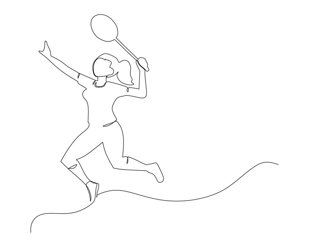 One single line drawing of young energetic badminton player jumping and smash shuttlecock illustration. Healthy sport concept. Modern continuous line draw design for badminton tournament poster vector